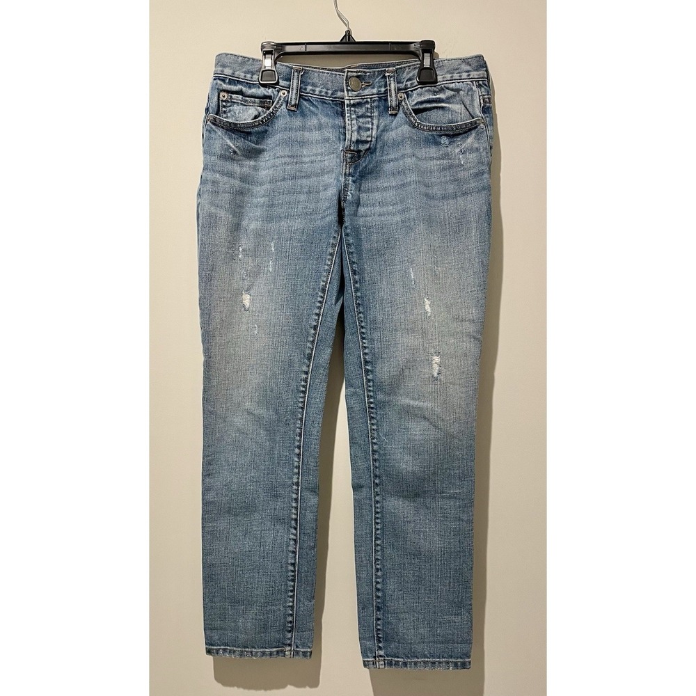 Ann Taylor LOFT Womens Boyfriend Jeans Sz 25 Blue Distressed Button Fly Low Rise